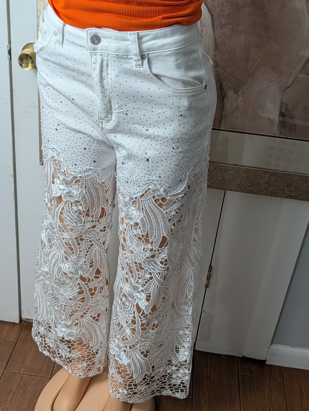Bayeas High Waist Crystal Embellished Lace Wide Leg Jeans Size 29